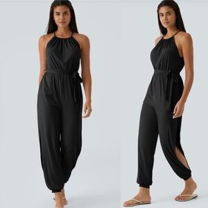 NWT Halara Sleeveless Tie Back Belted Cut Out Cool Touch Jumpsuit-UPF50+. Large